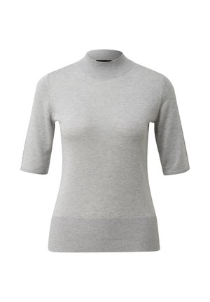 Gray short-sleeve turtleneck sweater with a fitted silhouette. Made from a soft knit fabric, featuring ribbed cuffs and hem detailing.