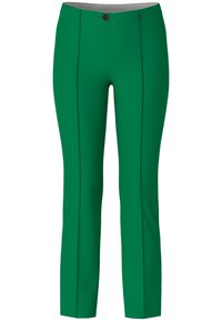 Grüne maßgeschneiderte Hose mit glatter Textur, flachem Bund, vertikalen Nahtdetails und Knopfverschluss an der Taille.