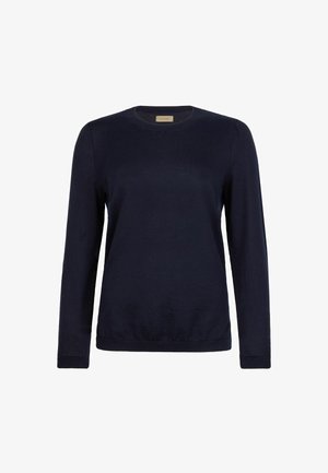 Marineblå crewneck langærmet sweater med ribstrikkede manchetter og kant, designet til en almindelig pasform.