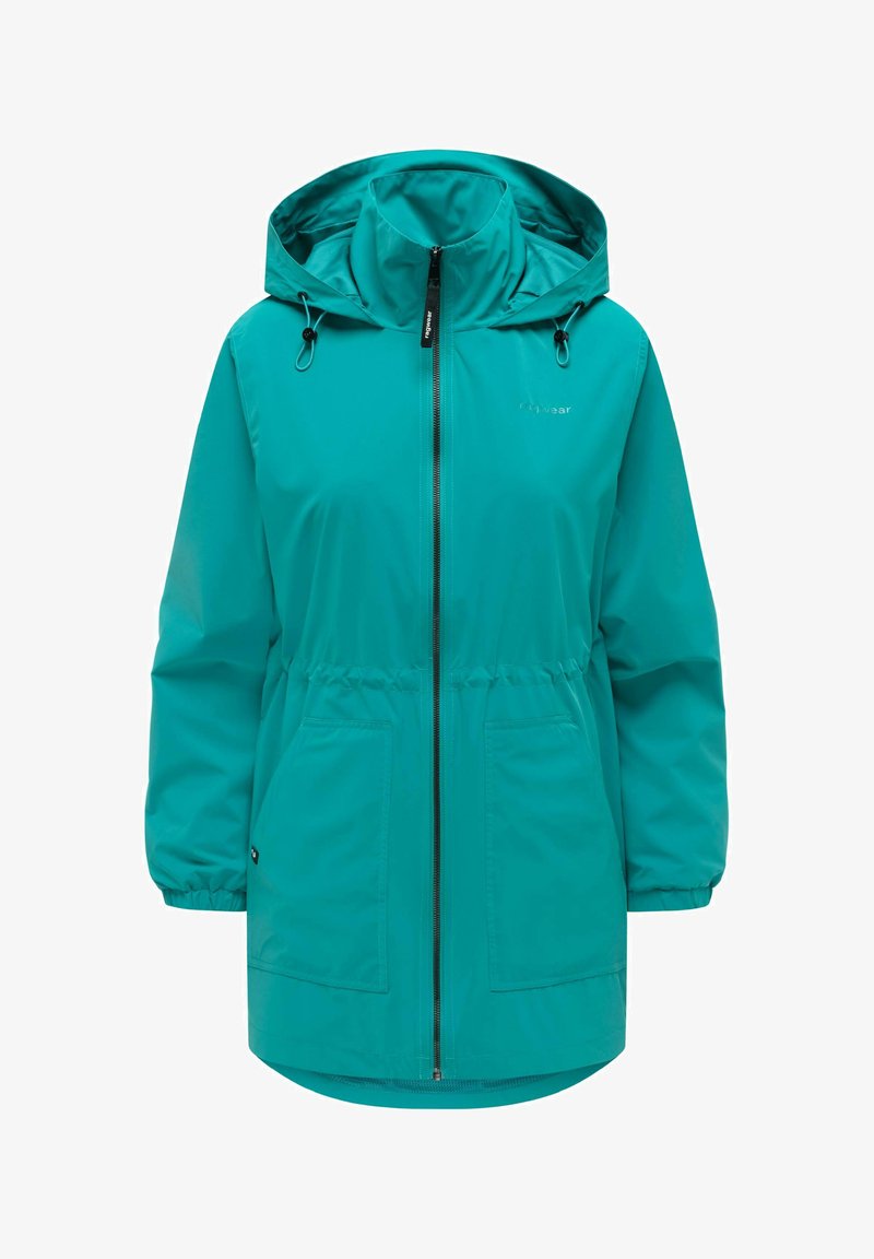 Długi turkusowy płaszcz przeciwdeszczowy z kapturem, przednim zamkiem błyskawicznym, elastycznymi mankietami, regulowanymi sznurkami oraz dwiema dużymi przednimi kieszeniami.