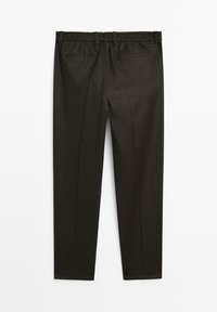 Dark brown tailored trousers with elastic waistband and two back welt pockets, displayed flat against white background.