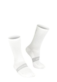 White athletic socks made of breathable material, featuring a ribbed texture, a smooth finish, and gray accent bands around the midfoot.
