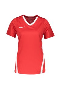 Rotes Nike Sporttrikot mit V-Ausschnitt, kurzen Ärmeln und weißen Seiteneinsätzen. Hergestellt aus feuchtigkeitsableitendem Material mit einem strukturierten Muster am Kragen.