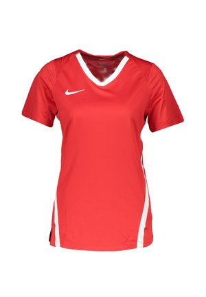Rode Nike sporttrui met een V-hals, korte mouwen en witte zijaccenten. Gemaakt van vochtafvoerende stof met een gestructureerd patroon op de halslijn.