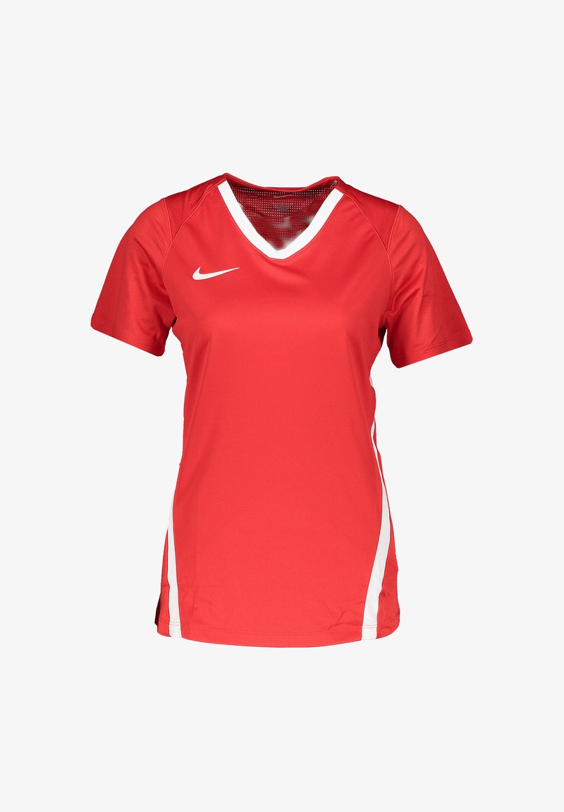 Rode Nike sporttrui met een V-hals, korte mouwen en witte zijaccenten. Gemaakt van vochtafvoerende stof met een gestructureerd patroon op de halslijn.