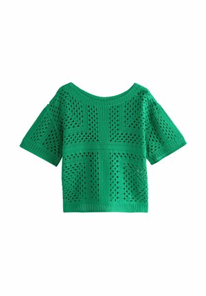 Groen gehaakt topje met korte mouwen, met vierkante en rechthoekige opengewerkte patronen en een brede halslijn.