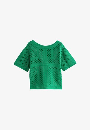 Groen gehaakt topje met korte mouwen, met vierkante en rechthoekige opengewerkte patronen en een brede halslijn.