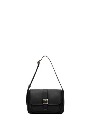 Borsa a tracolla in pelle nera con tracolla regolabile, pattina frontale con fibbia dorata e logo "Biasia" sulla tasca frontale.