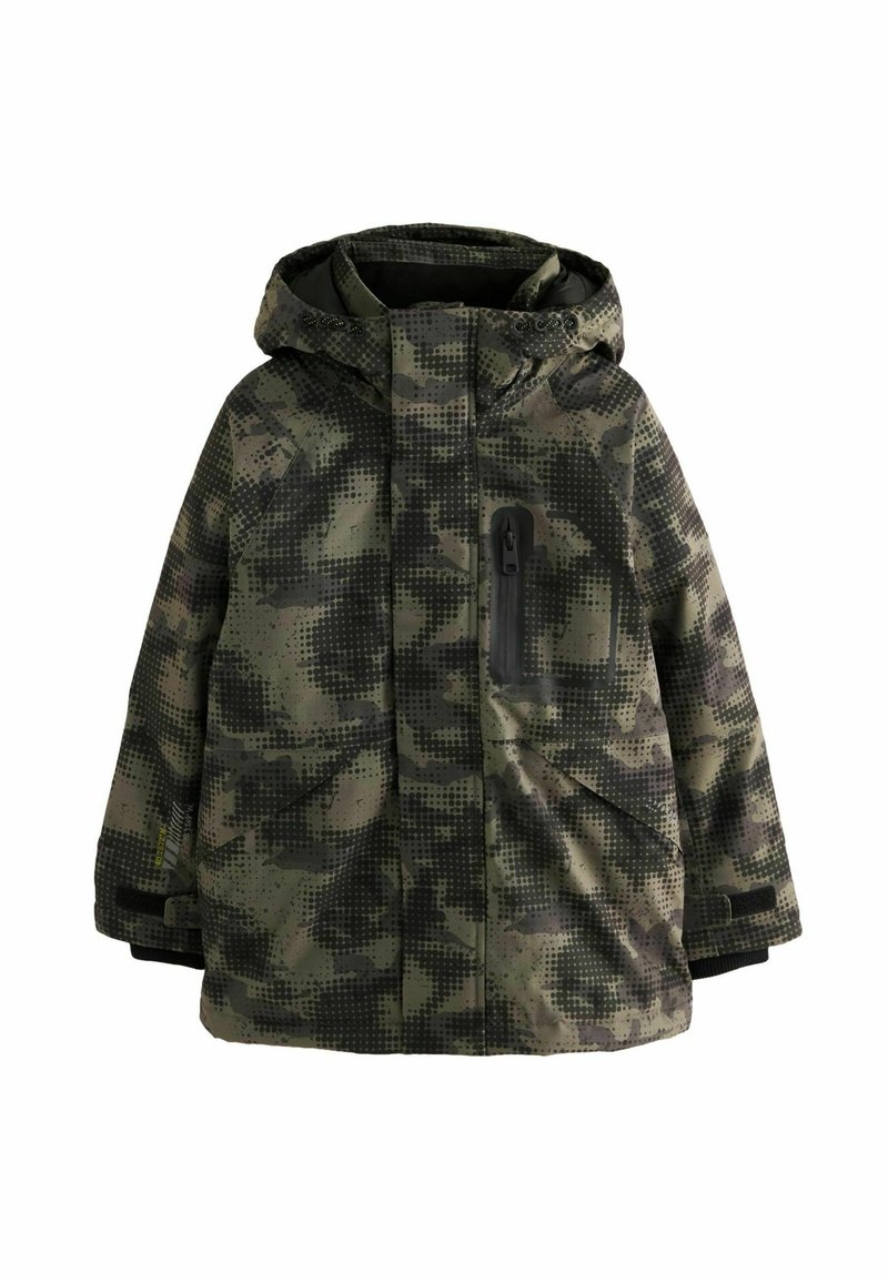 Tarnmuster-Jacke in verschiedenen Grüntönen. Verfügt über eine Kapuze, eine Vorderzippertasche, einen strukturierten Stoff und elastische Bündchen für eine verbesserte Passform.