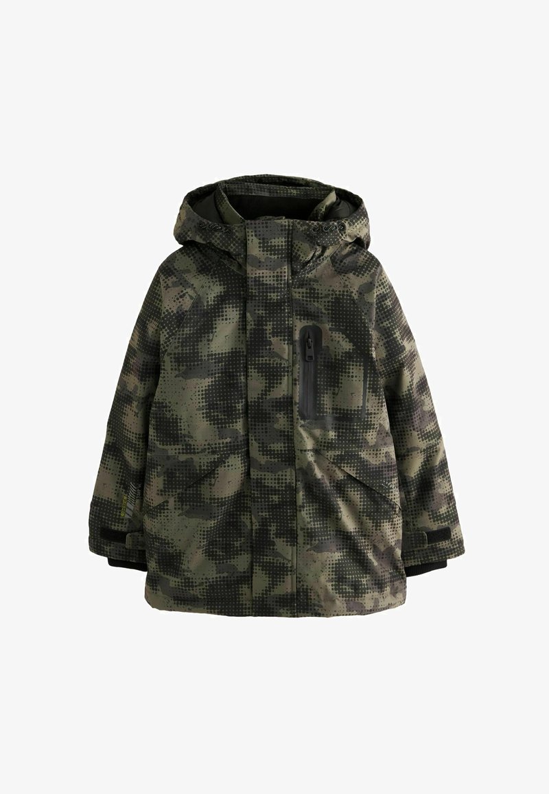 Giacca a motivo camouflage in tonalità di verde. Presenta un cappuccio, tasca frontale con zip, tessuto testurizzato e polsini elasticizzati per una vestibilità migliore.
