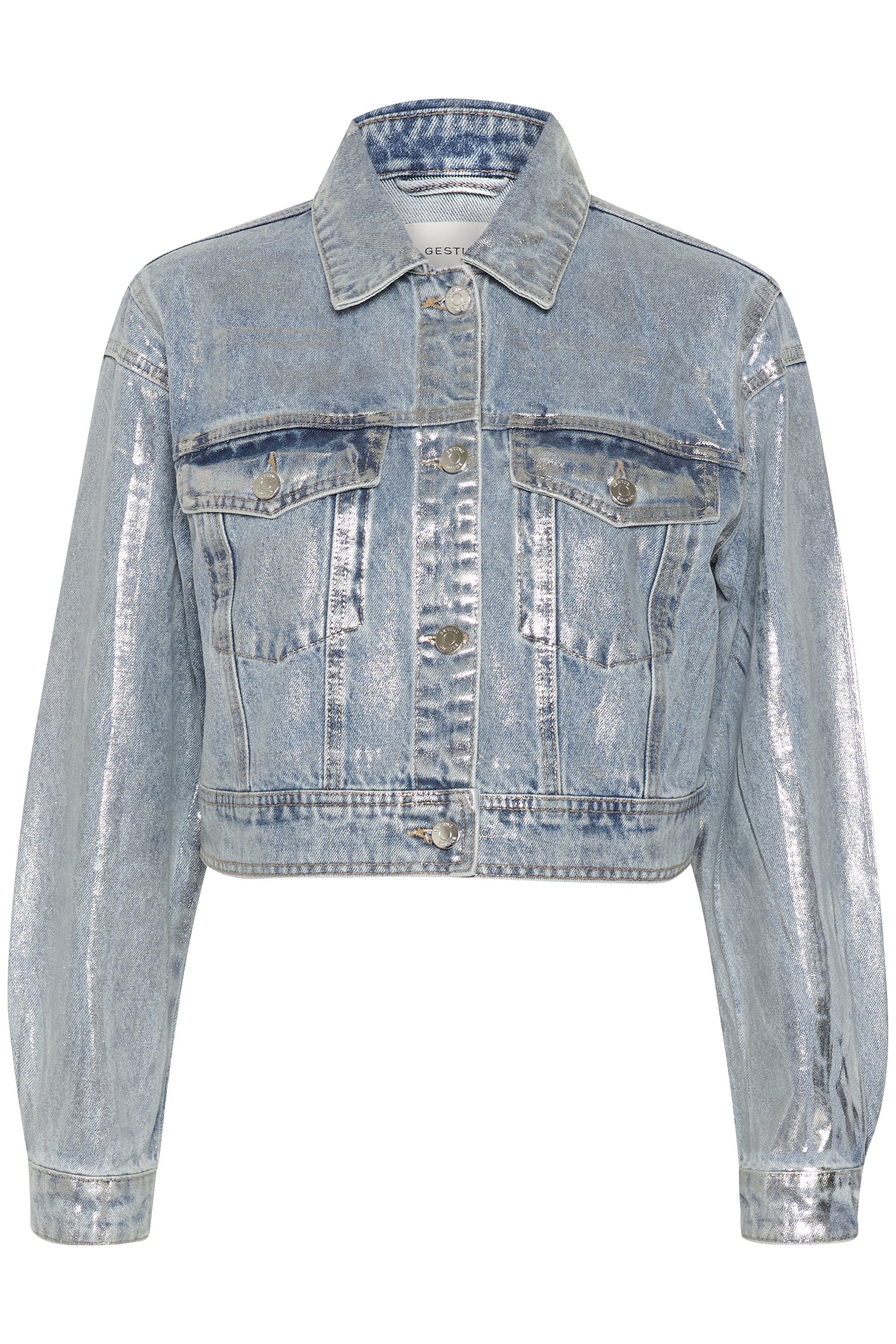 Gestuz COATY - Denim jacket - coated silver blue wash/metallic