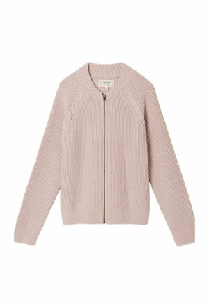 Light pink knitted cardigan with a front zipper, ribbed texture, and braided cable knit details along the shoulders and sleeves.