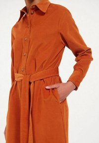 Robe en velours côtelé orange à boutons, dotée d'un col, d'une ceinture à la taille et de poches latérales. Coupe ajustée avec un tissu texturé et des détails subtils.