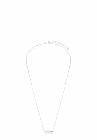 Zilveren halsketting met een ketting en een "liefde" hanger. Eenvoudig ontwerp met een gladde afwerking en minimalistische tekst. Verstelbare lengte.