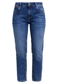 Tmavě modré denimové džíny se střihm do rovna, pěti kapsami a zeleným knoflíkem na zapínání. Mají jemné vyblednutí pro zvýraznění textury.