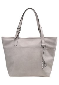 Szara torba typu tote z imitacji skóry, z dwoma regulowanymi paskami, płaskim dnem i przednią kieszenią. Zdobiona dekoracyjnym chwostem z metalowym pierścieniem.