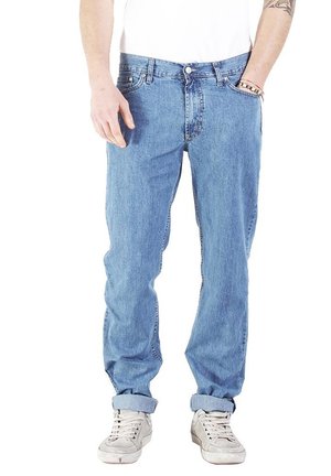 Jeans in denim blu chiaro con una vestibilità rilassata, design a cinque tasche e risvolti. Presentano una chiusura con bottone e zip sul fronte.