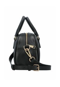 Borsa a mano in pelle nera con manici superiori, una cerniera dorata e una tracolla staccabile. Presenta una texture liscia e un design minimalista.