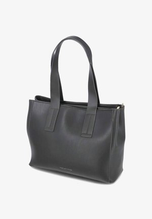 Bolso tote de cuero negro con dos asas anchas y forma rectangular, fotografiado sobre un fondo blanco.