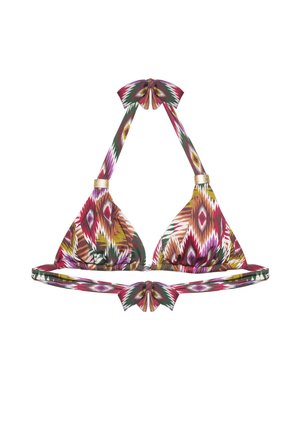 Haut de bikini triangle avec motif géométrique multicolore, bretelles nouées autour du cou, accents dorés et nœuds noués au cou et dans le dos.