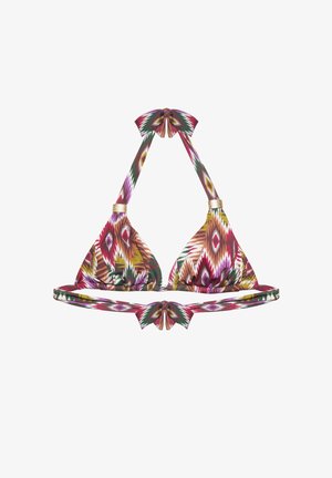 Top de bikini triangular con patrón geométrico multicolor, tirantes halter, detalles dorados y lazos atados en el cuello y la espalda.