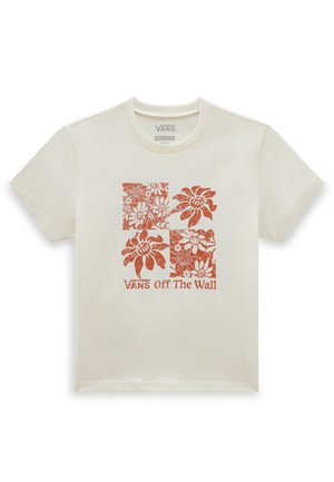 Crèmekleurig T-shirt met korte mouwen met een oranje bloemenafbeelding verdeeld in vier vierkanten en de tekst "Vans Off The Wall" eronder.