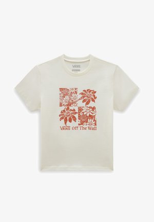 T-shirt à manches courtes couleur crème avec un graphique floral orange divisé en quatre carrés et le texte "Vans Off The Wall" en dessous.