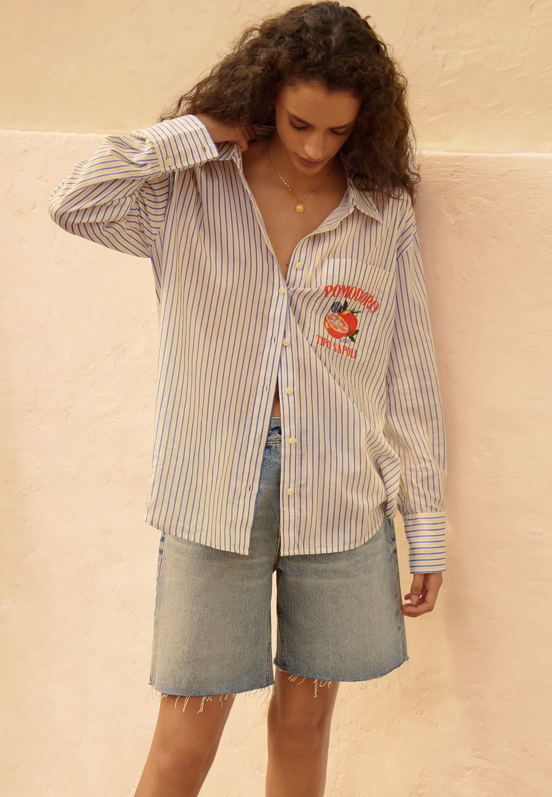 Next Button-down blouse - blue white stripe tomato graphic/blue