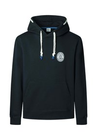 Crna dukserica od pamučnog mješavine s prednjim džepom, bijelim i plavim vezicama, te kružnim logotipom na lijevoj strani prsnog koša.