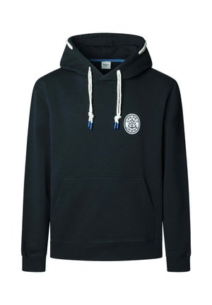 Čierna mikina s kapucňou vyrobená z bavlnenej zmesi, s prednou vreckom, bielymi a modrými šnúrkami a s kruhovým logom na ľavej hrudi.