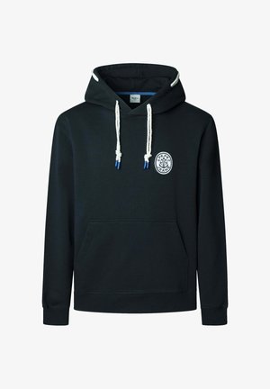 Mustast puuvillasegust kapuutsiga kani, millel on ees tasku, valged ja sinised nöörid ning ümmargune logo vasakul rinnal.