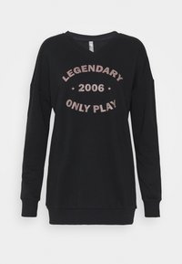 Felpa nera con scollo a V, maniche lunghe e vestibilità ampia. Presenta un design stampato con il testo "LEGENDARY 2006 ONLY PLAY" in rosa.
