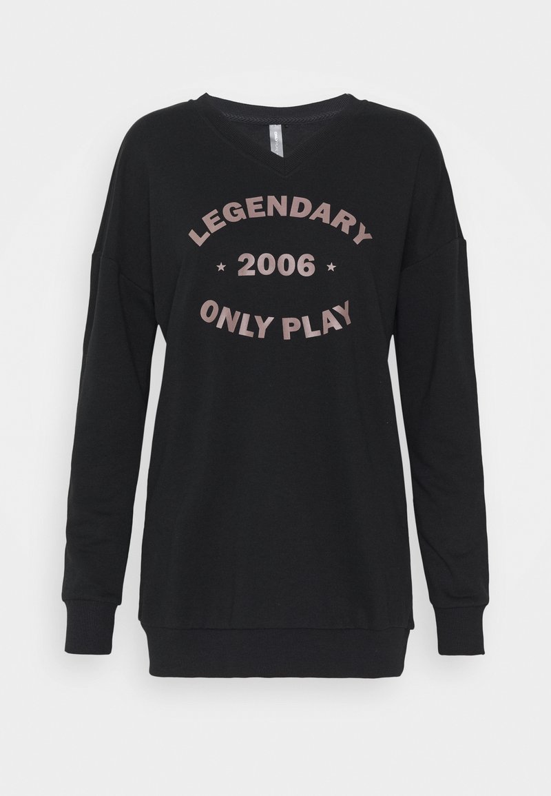 Felpa nera con scollo a V, maniche lunghe e vestibilità ampia. Presenta un design stampato con il testo "LEGENDARY 2006 ONLY PLAY" in rosa.