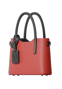 Red leather handbag with black leather accents, dual handles, and a rectangular shape. Features a luggage tag and metallic hardware detail.