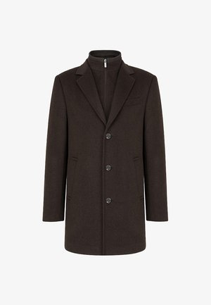 Brązowy płaszcz z wełny z wysokim kołnierzem, dwoma bocznymi kieszeniami, zapięciem na pięć guzików oraz jedną kieszenią na piersi, o gładkiej fakturze.