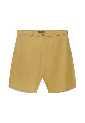 Pantaloncini beige da uomo fino al ginocchio con passanti per cintura, tasche laterali, chiusura con bottoni e etichetta del marchio visibile all'interno del girovita.