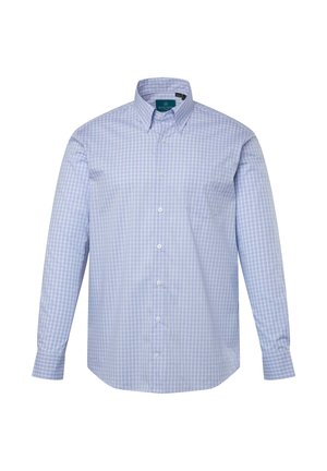 Světle modrá a bílá kostkovaná košile s dlouhým rukávem, s límcem na knoflíčky, přední kapsou a pěti knoflíky na přední straně. Bavlněný materiál.