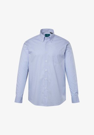 Hellblaue und weiße karierte Langarmbluse mit Button-Down-Kragen, Brusttasche und fünf Knöpfen auf der Vorderseite. Aus Baumwollmaterial.