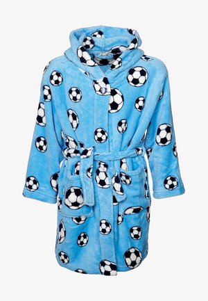 Blue fleece robe featuring a hood and a pattern of black and white soccer balls. Includes a belt and two front pockets.
