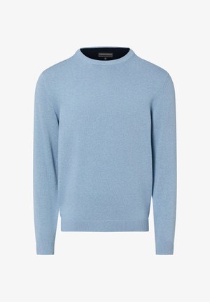 Hellblauer, gestrickter Pullover mit Rundhalsausschnitt. Verfügt über lange Ärmel sowie gerippte Bündchen und Saum. Weiche Textur, minimalistisches Design, keine Muster.