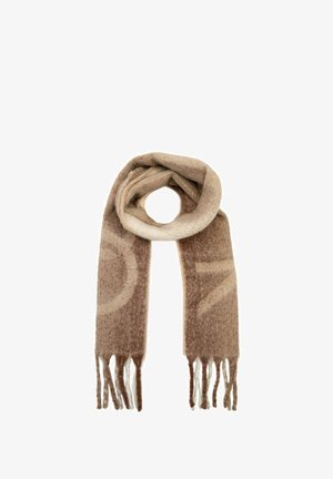 Brązowy i beżowy dziany szalik o miękkiej fakturze, z frędzlami na końcach oraz dużym okrągłym wzorem w jaśniejszym odcieniu.