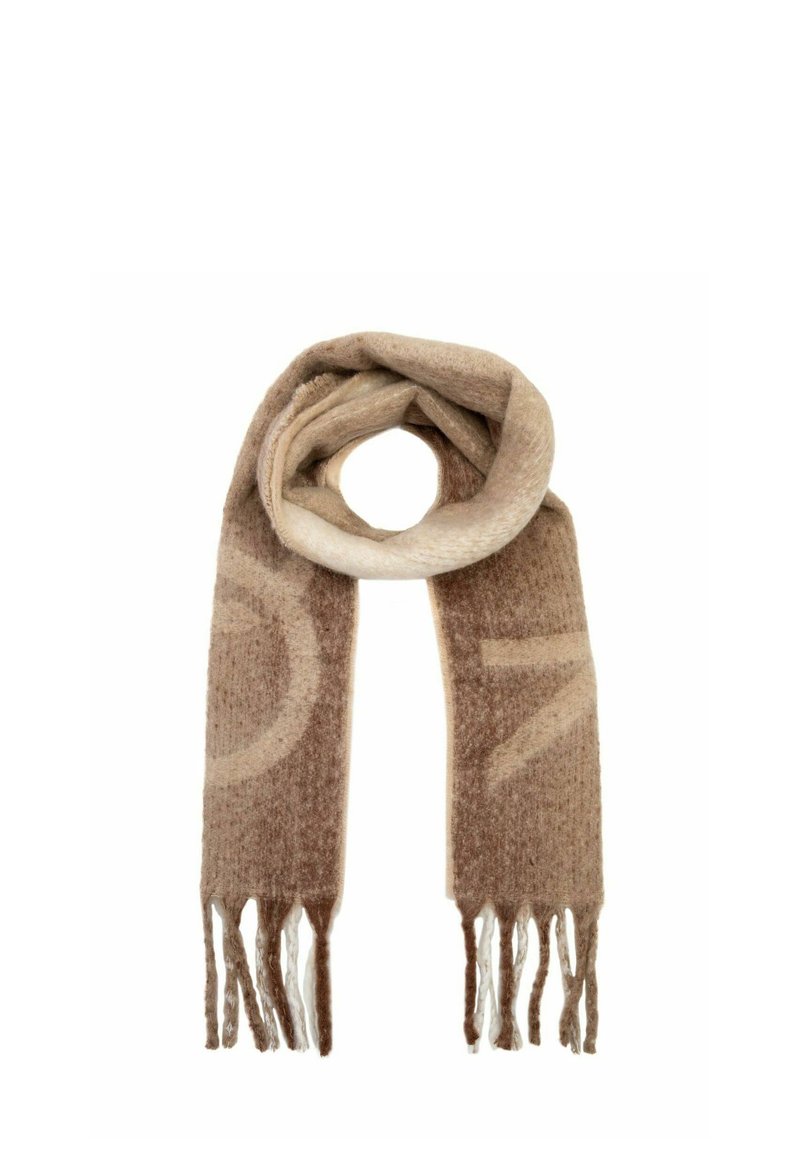 Brązowy i beżowy dziany szalik o miękkiej fakturze, z frędzlami na końcach oraz dużym okrągłym wzorem w jaśniejszym odcieniu.