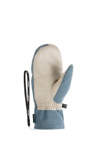 Winterhandschuh mit beigem Lederhandflächen und blauem Stoffrücken, elastischem Handgelenk und schwarzem Handgelenkband mit der Aufschrift "ziener".