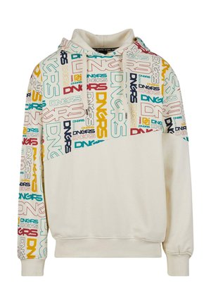 Hooded sweatshirt with a cream base, featuring colorful "DNGRS" text in various fonts and sizes on the front and sleeves. Fleece material.