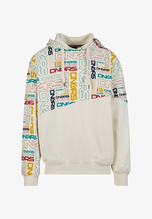 Kapucnis pulóver krém alapszínben, többféle betűtípussal és méretben színes "DNGRS" felirattal az elején és az ujjakon. Pamut frottír anyag.