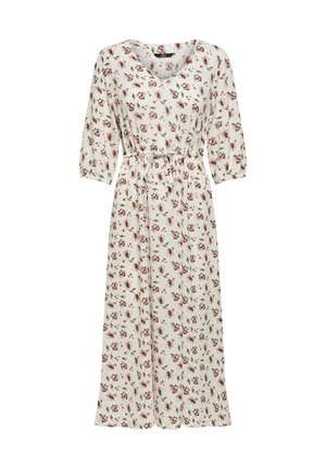 Witte midi-jurk met roze en groene bloemenprint, V-hals, driekwart mouwen en een tailleceintuur.