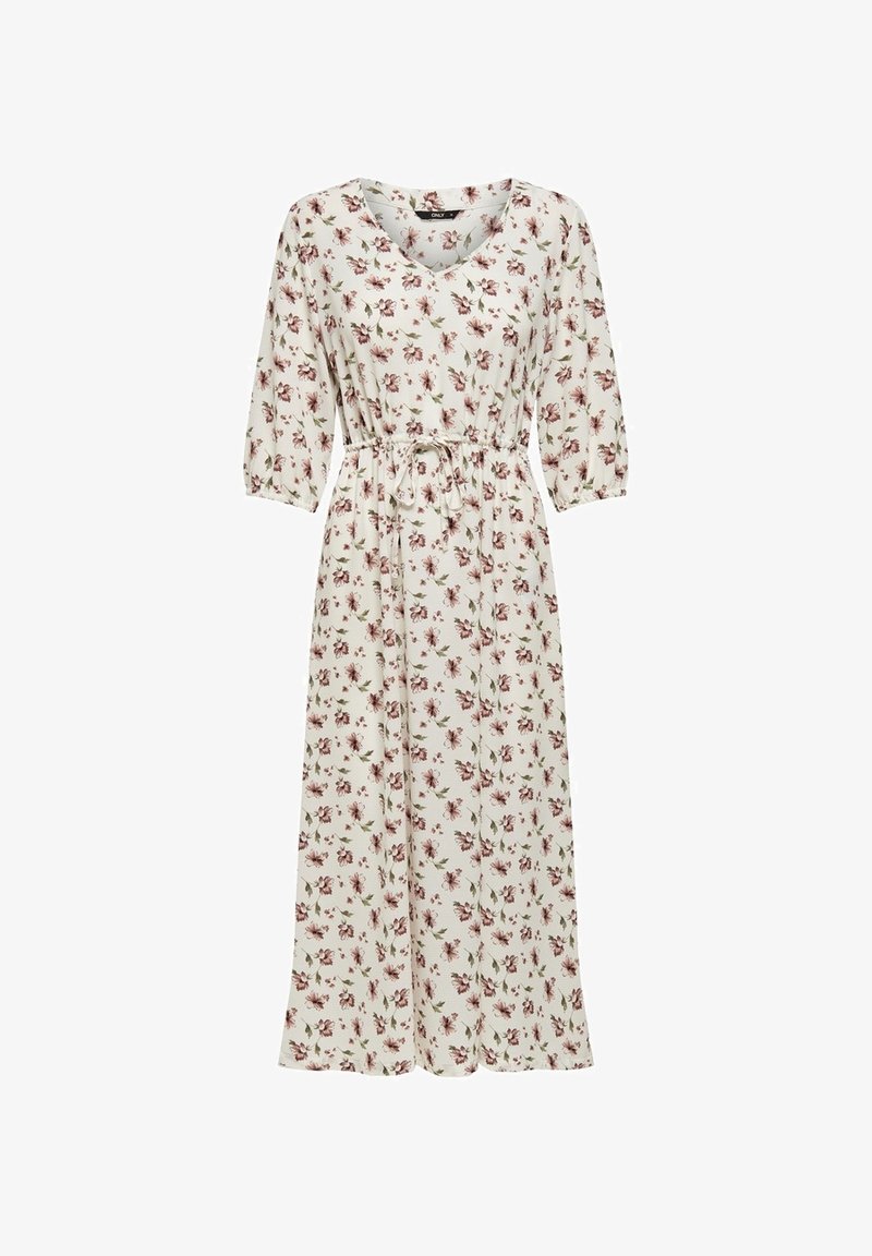 Robe midi blanche à motif floral rose et vert, col en V, manches trois quarts et ceinture à nouer à la taille.