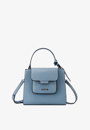 Borsa a mano in pelle blu con una forma strutturata, manico superiore e tracolla removibile. Presenta una tasca frontale con flappo e dettagli in metallo argentato.