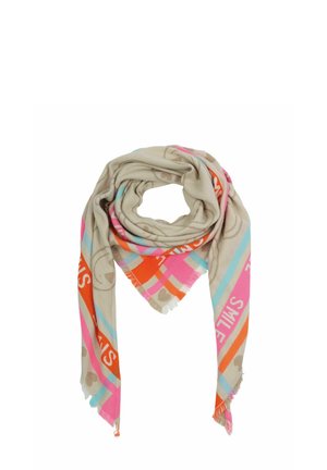Beige scarf with colorful stripes in pink, orange, and blue, featuring the word "SMILE" and small heart patterns.