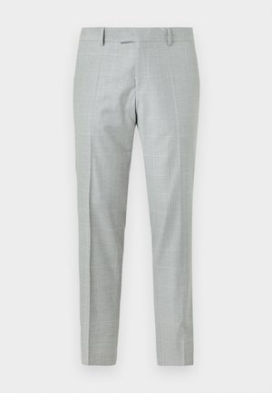 Pantaloni grigi chiari su misura realizzati in un tessuto con una consistenza liscia. Presentano un motivo a scacchi sottile, vita piatta e gambe dritte.